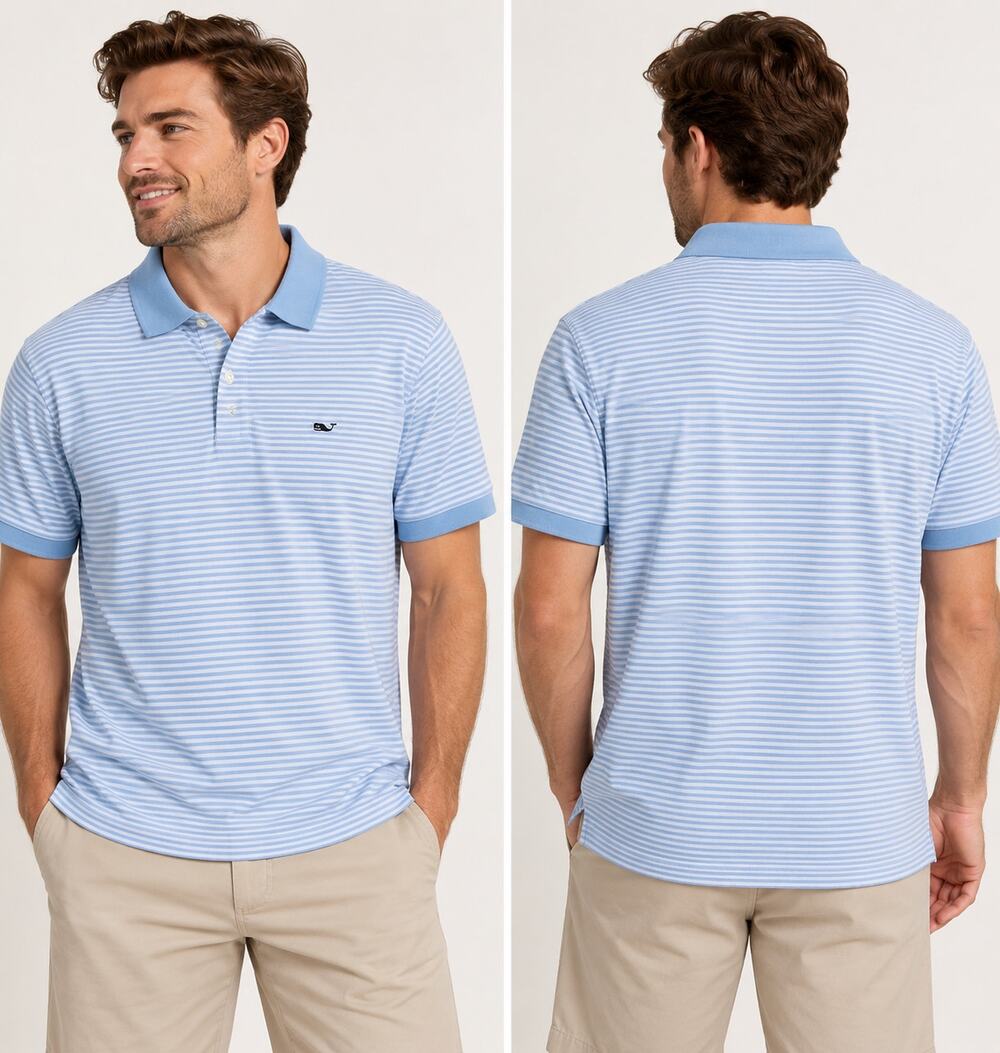 Vineyard Vines Polo Shirt Men L Blue White Stripe Whale Logo Cotton Stretch